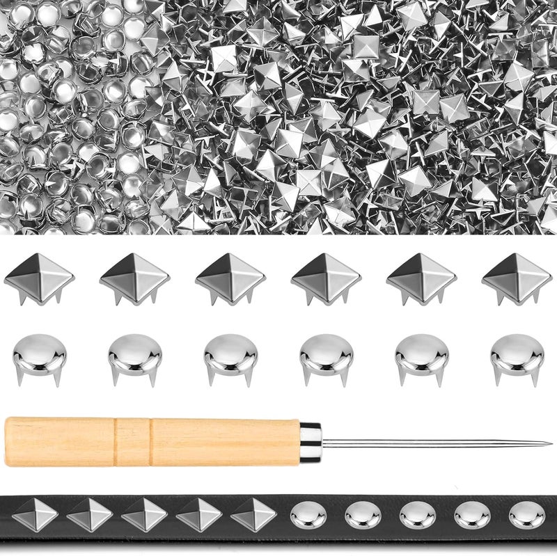 Jollidecor 1250 PCS Metal Studs for Clothing, 10mm Square Pyramid Studs and Round Dome Studs for Craft, Leather Rivet Kit with Awl Silver Spikes for Clothes, Jacket, Belt, Dog Collar - Image 1